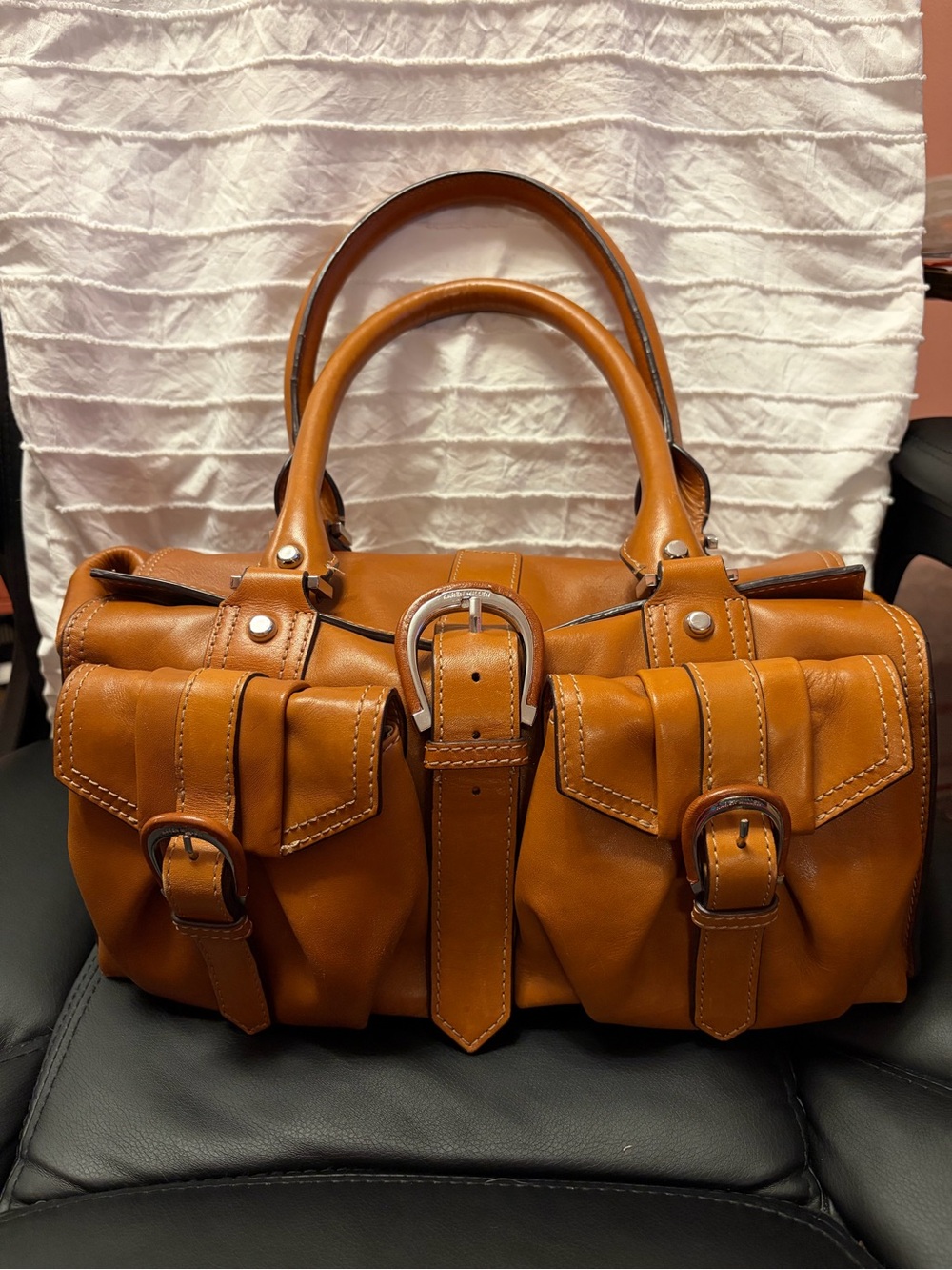 Karen Millen Tan Leather Satchel Handbag with Buckle Accent